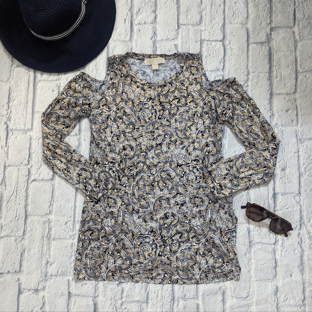 MK Metallic Gold Cold-shoulder Long-sleeve Top